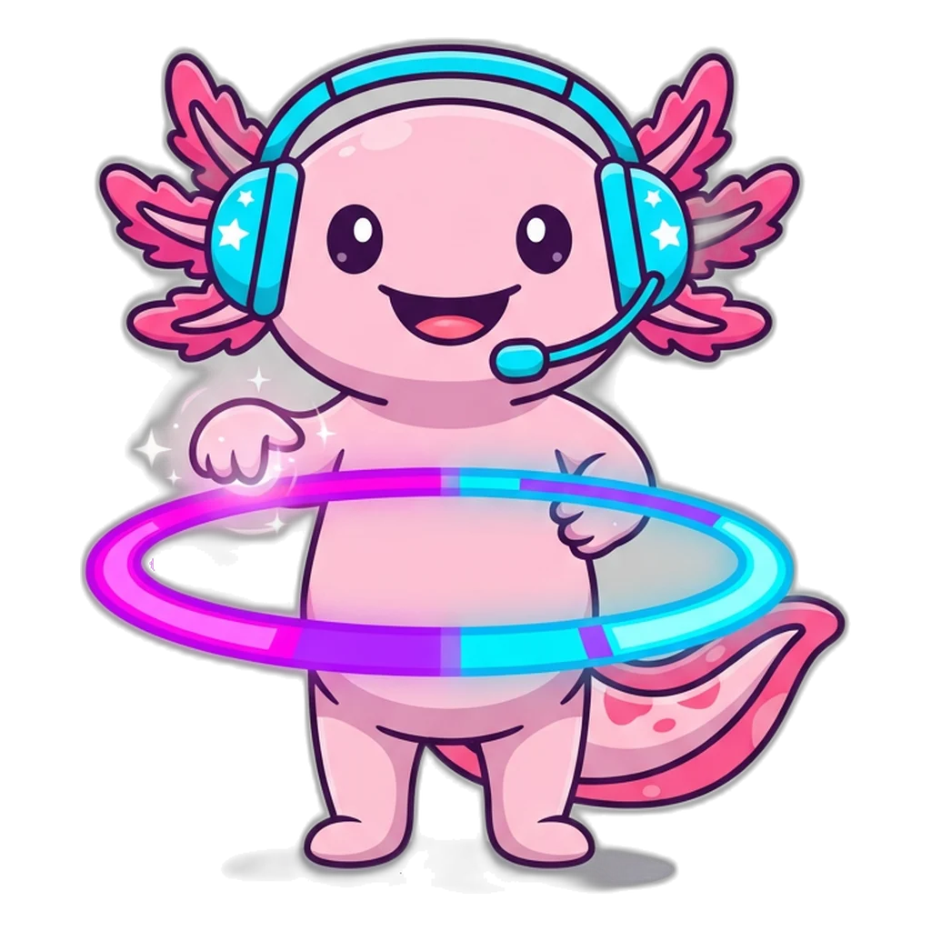 Axolotl in a gaming headset tapping a neon ring, the Club 6E host