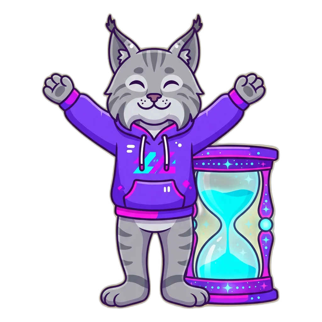 Lynx in a hoodie stretching beside an hourglass